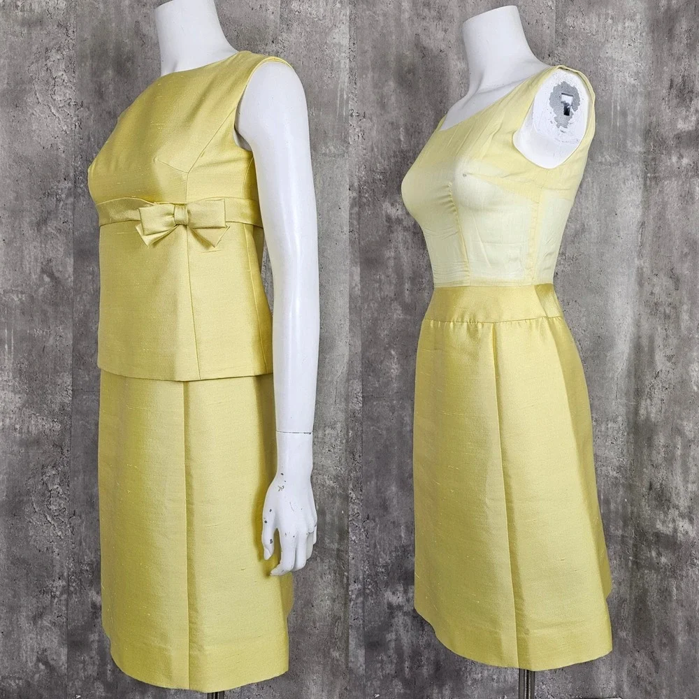 Vintage 60s Joan Leslie By Kasper Yellow Dress‎ Set Sleeveless Bow Detail